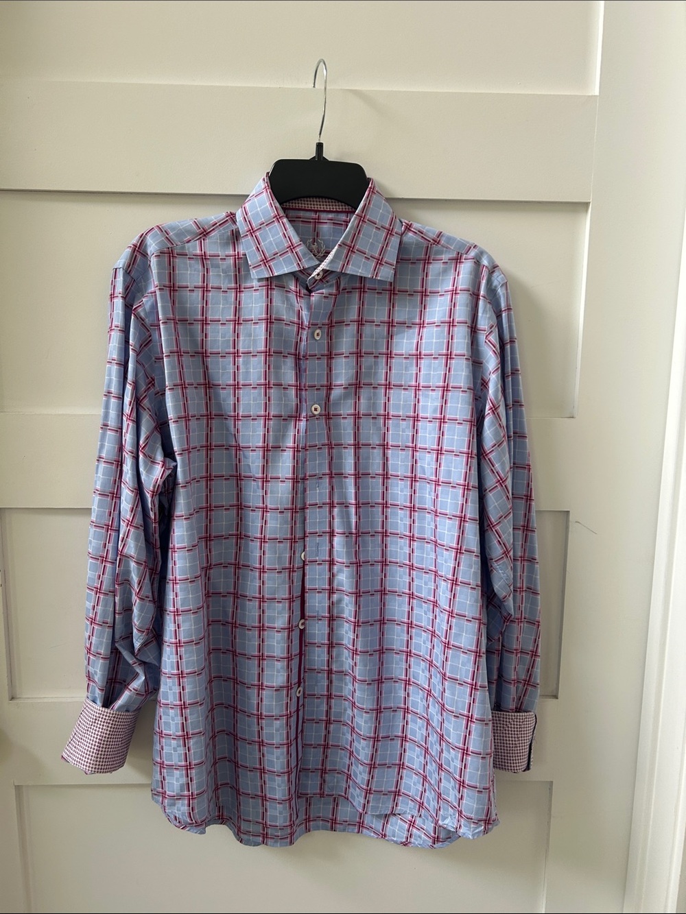 Bugatchi Blue Dress Shirt with Red Windowpane Plaid